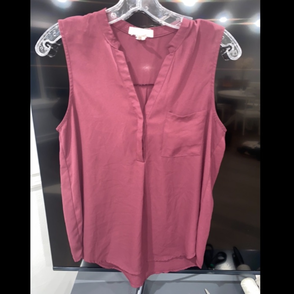 Lucid-Pink Vintage Sleeveless V-Neck Chiffon Blouse Burgundy Size S